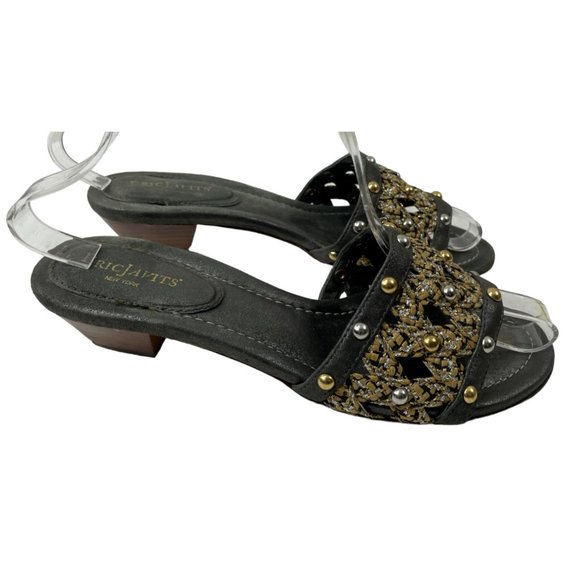 Eric Javits Women's Heeled Mule Sandals W/Gold & Silver Weave and Studs Size 8M - Picture 1 of 6